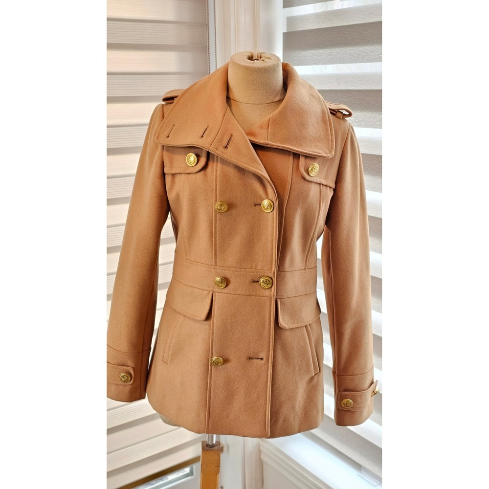 Green Envy Camel Double Breasted Military Style Wool Blend Coat Peacoat size‎ M